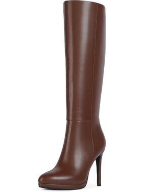 Women's Brown Pu2 Round Toe Stiletto Heels Fall Tall Platforms Boots Side Zipper